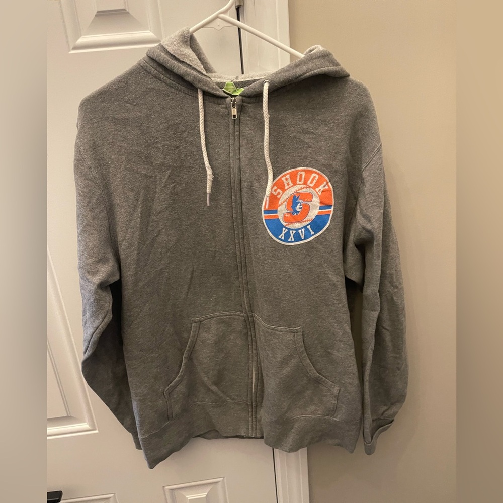 Gray Shook clothing zip-up Hoodie with Colorful Logo. Size L. Great condition